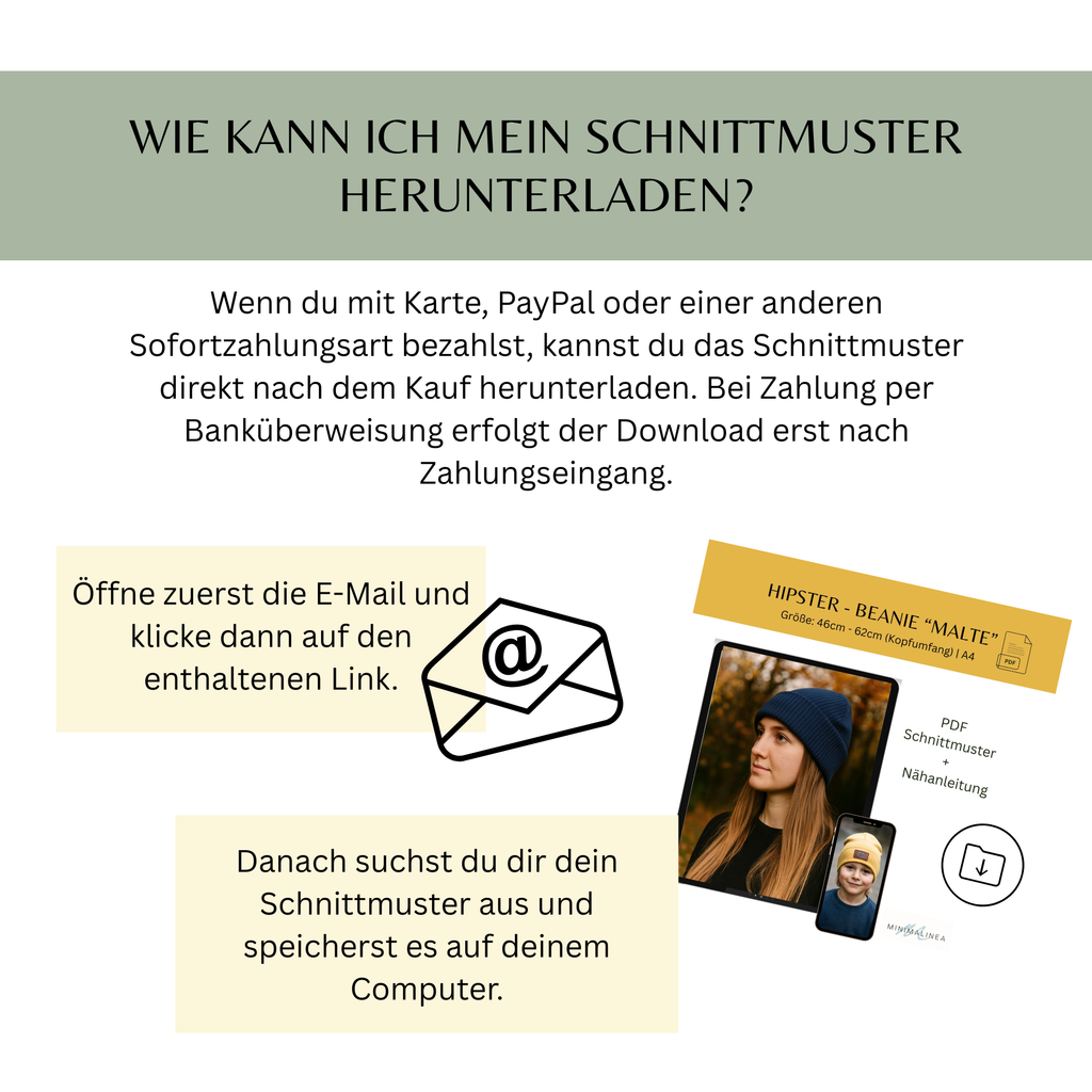 Hipster-Beanie "Malte" 46-62cm Kopfumfang-PDF Schnittmuster inkl. Nähanleitung