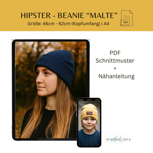 Hipster-Beanie "Malte" 46-62cm Kopfumfang-PDF Schnittmuster inkl. Nähanleitung